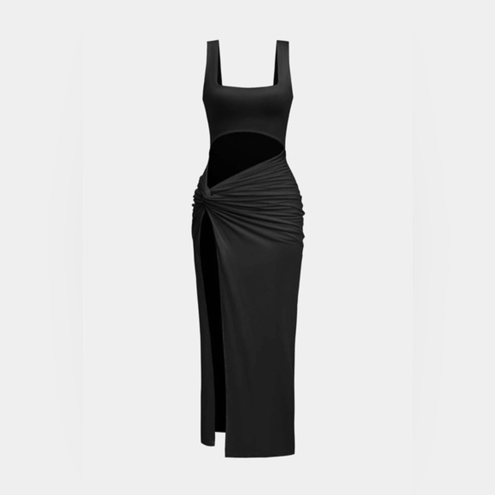 Micas Solid Twist Front Cut Out Slit Midi Dress S LP-17